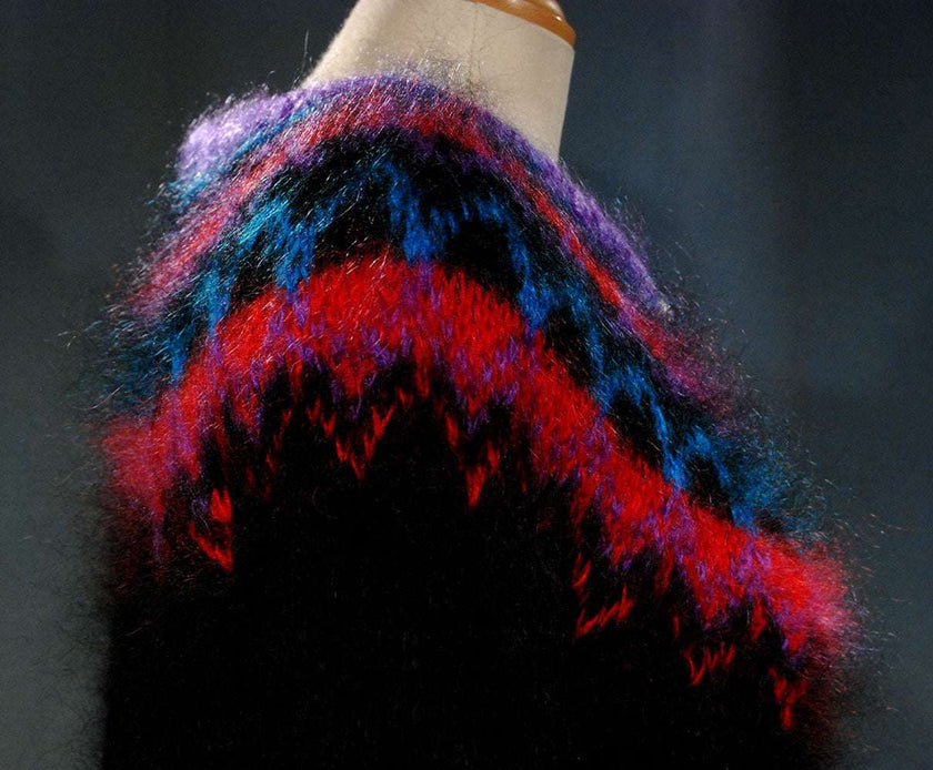 Colorful woman's mohair cardigan sweater with Icelandic design and vibrant pattern