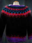Colorful woman's mohair cardigan sweater with Icelandic design and metal buttons on mannequin