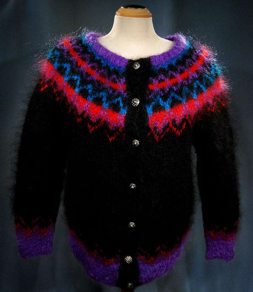 Colorful woman's mohair cardigan sweater with metal buttons and nylon lining by Icelandic design