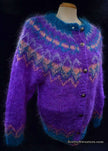 Colorful woman's mohair cardigan sweater in purple with multicolor Icelandic design and metal buttons