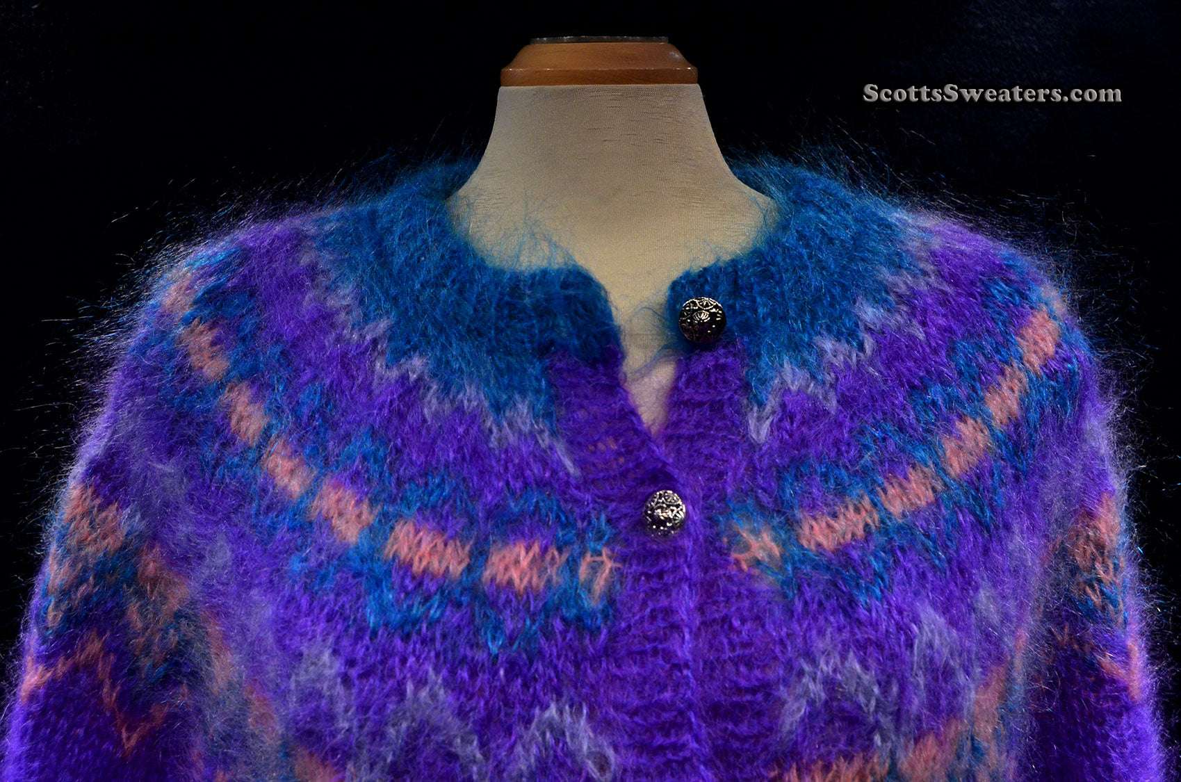 Colorful woman's mohair cardigan sweater with metal buttons and nylon lining by Icelandic design