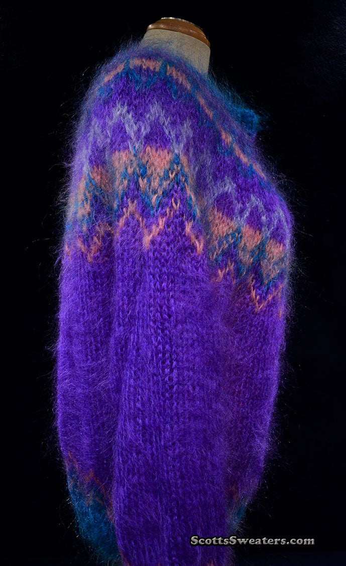 Colorful woman's mohair cardigan sweater in purple with Icelandic design and metal buttons