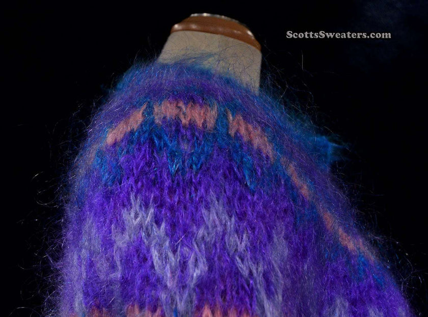Colorful woman's mohair cardigan sweater in purple with Icelandic design and metal buttons