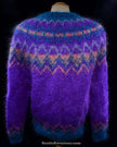 Colorful woman's mohair cardigan sweater with Icelandic design in purple and blue tones
