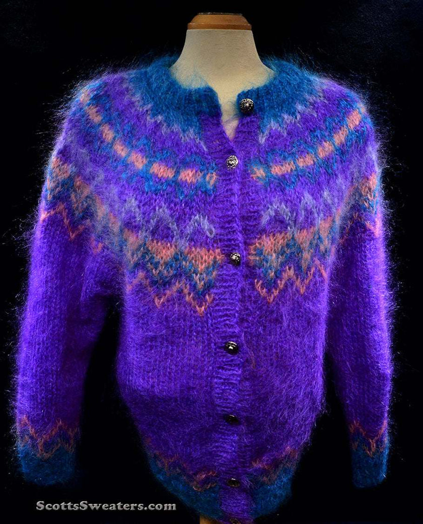 Colorful woman's mohair cardigan sweater with Icelandic design and metal buttons
