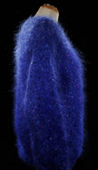 Woman's blue speckled mohair V-neck sweater with red, green, yellow, and blue specks by Icelandic Design, medium size.