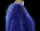Woman's fuzzy blue speckled mohair V-neck sweater by Icelandic Design with multicolored knit-in specks, medium size, pre-owned.