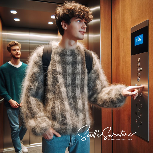 Men's Mohair Crewneck Sweater  AI designed men's crewneck mohair sweater in slate grey worn in elevator setting