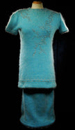 Woman's two-piece matching aqua angora sweater dress outfit with silver sequins and rhinestone embellishments