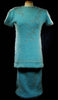 Woman's two-piece matching aqua angora sweater dress outfit with silver sequins and rhinestone embellishments