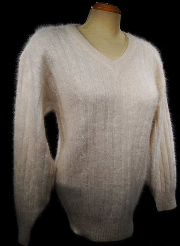 Woman's white angora rib-knit V-neck sweater by Christine Phillipe in small size