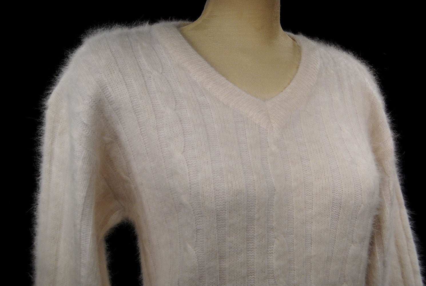 Woman's white angora rib-knit V-neck sweater by Christine Phillipe in small size