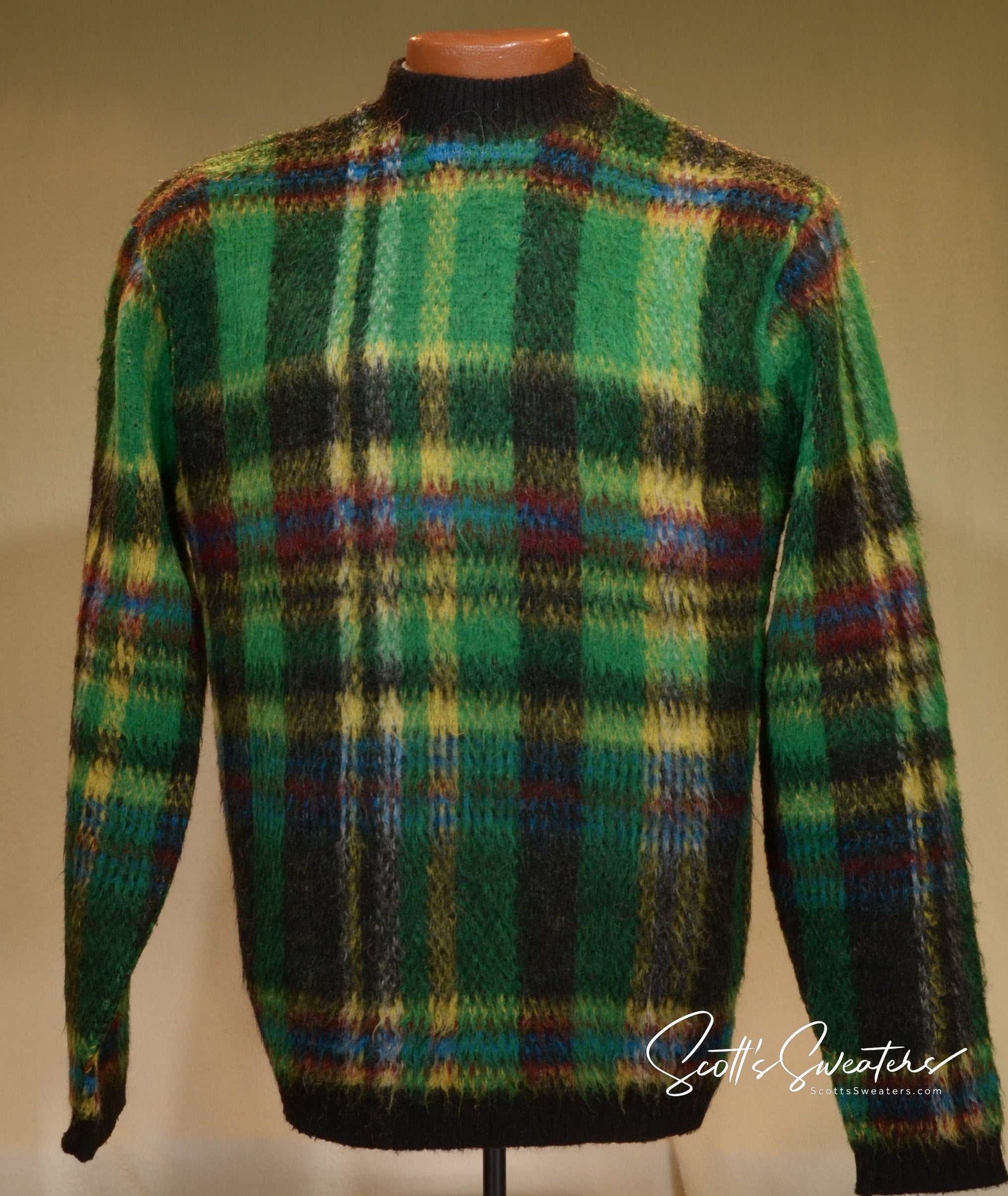 Men's retro sweater classic shaggy plaid mohair crewneck sweater vintage style
