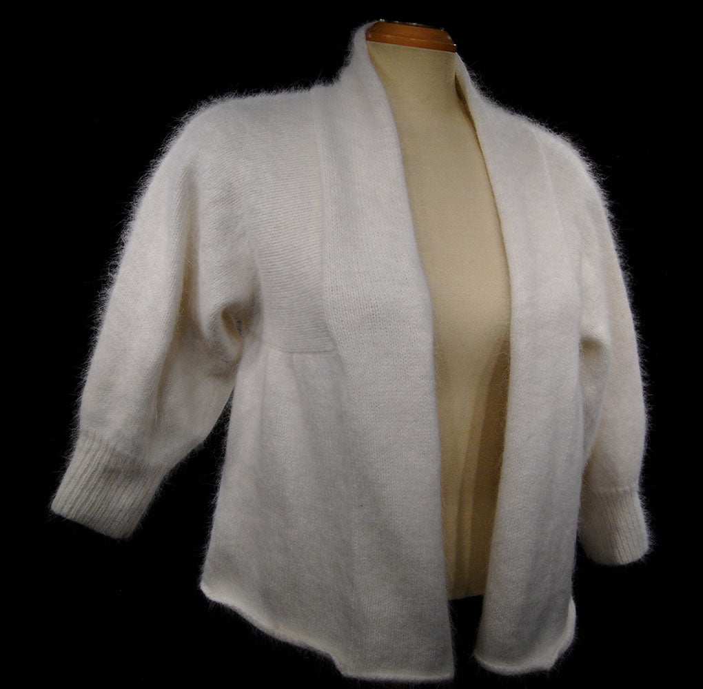 Woman's white angora open-front shrug cardigan by Moda International in small size