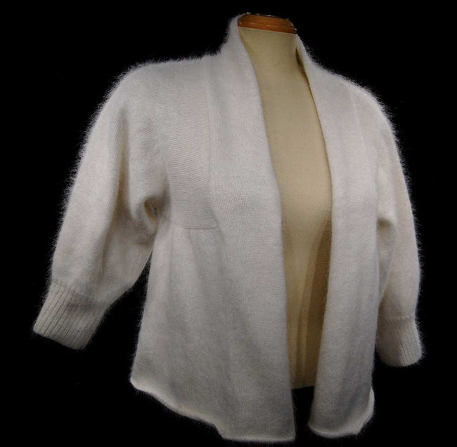 Woman's white angora open-front shrug cardigan by Moda International in small size