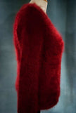 Red small angora cardigan sweater for women by J.Crew displayed on mannequin side view