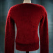 Red angora woman's cardigan sweater by J.Crew in small size shown from the back