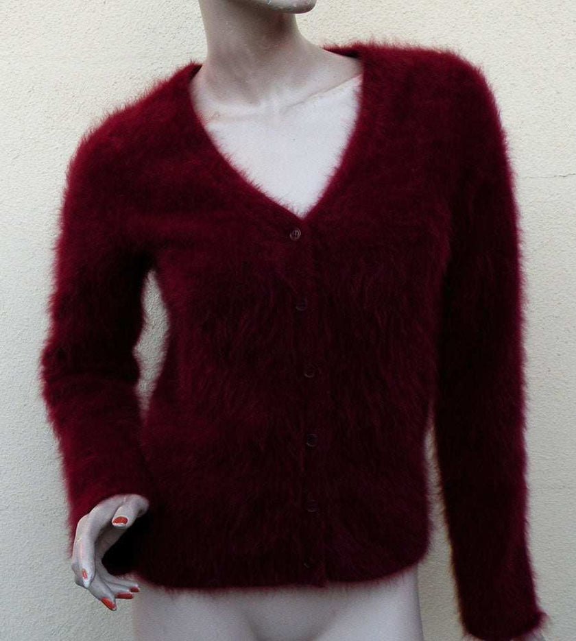 Red small woman's angora cardigan sweater by J.Crew with long sleeves and button front