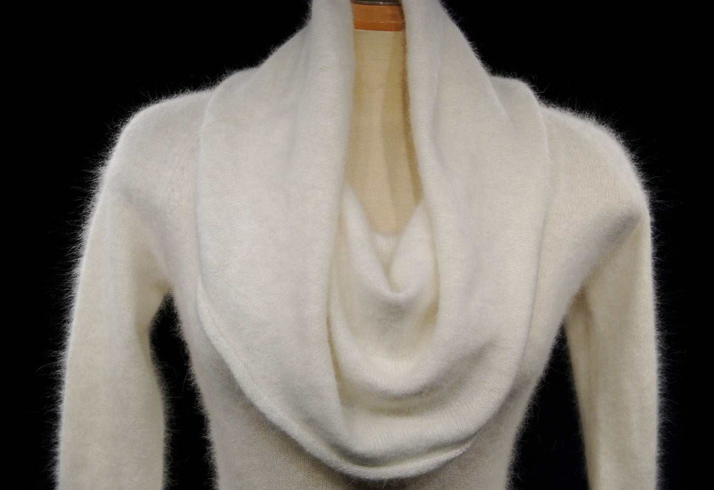 Ivory white Angora sweaterdress with cowl neck and open back by Moda International in small size