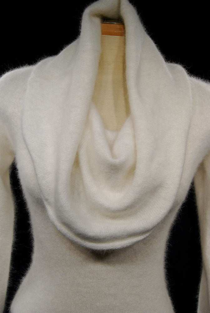 Ivory cowl-neck white angora sweaterdress with open back by Moda International in small size