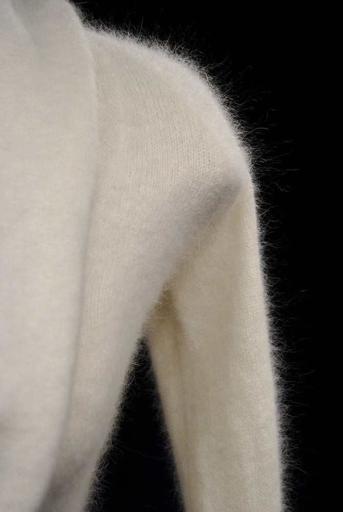 Ivory cowl-neck white angora sweaterdress with open back by Moda International in small size
