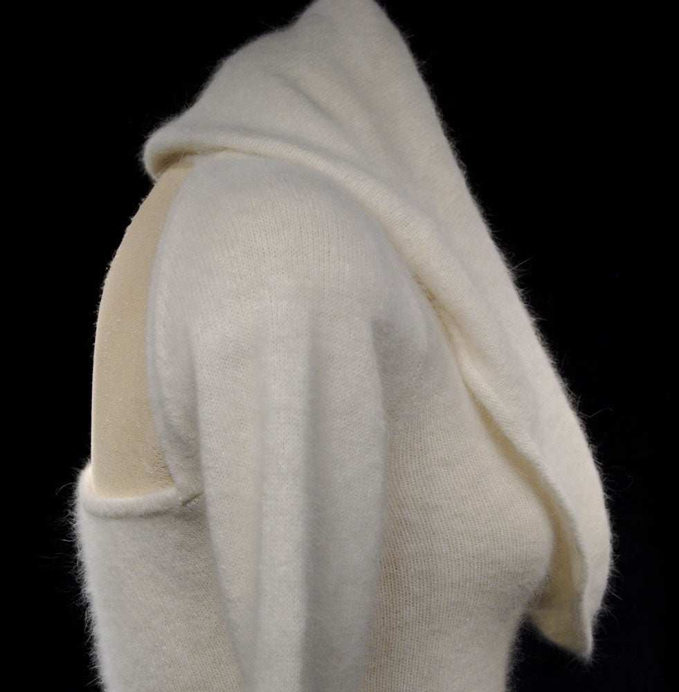 Ivory white angora sweaterdress with cowl neck and open back by Moda International in small size