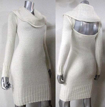 Ivory cowl-neck white angora sweaterdress with open back by Moda International in small size