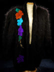 Woman's black angora cardigan with large colorful peacock design on back, plus size 2X, nylon lined