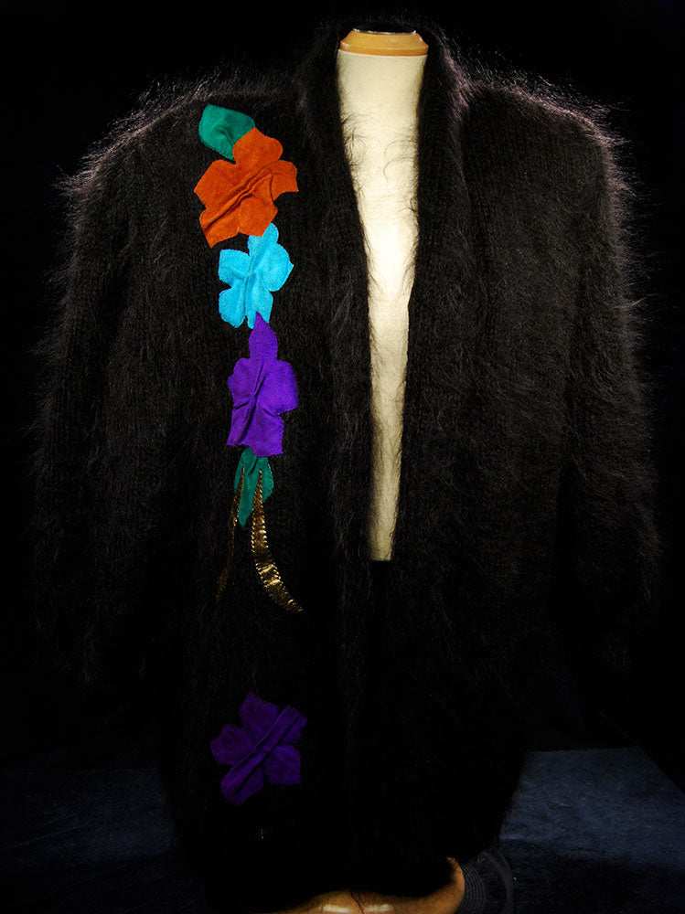 Woman's black angora cardigan with large colorful peacock design on back, plus size 2X, nylon lined