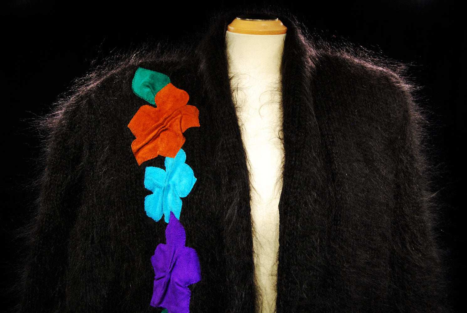 Woman's black angora cardigan sweater with large colorful peacock design on back, plus sized mohair, nylon lined