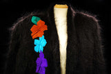 Woman's black angora cardigan sweater with large colorful peacock design on back, plus sized mohair, nylon lined