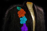 Woman's black angora cardigan sweater with large colorful peacock design on back, plus size 2X, nylon lined