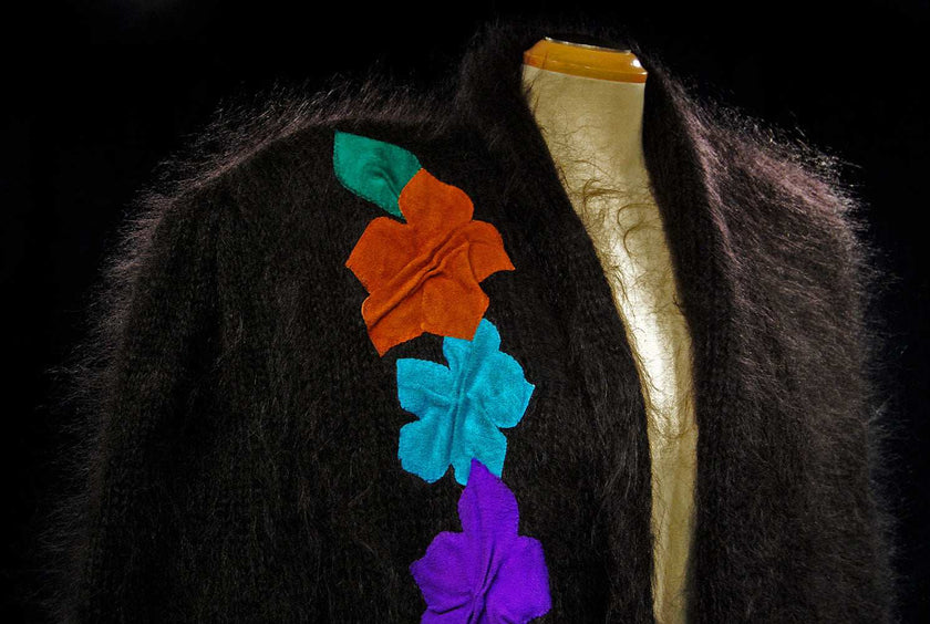 Woman's black angora cardigan sweater with large colorful peacock design on back, plus size 2X, nylon lined