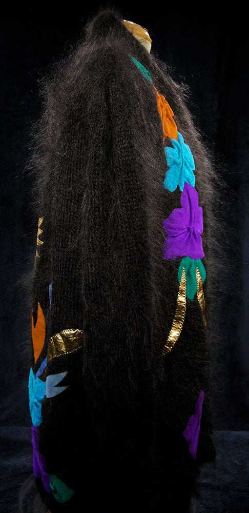 Woman's black angora cardigan sweater with colorful peacock design on back, plus size 2X
