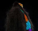 Woman's black angora cardigan with large colorful peacock design on back, nylon lined, plus size 2XL