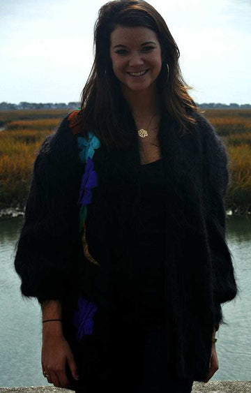 Woman's black angora cardigan sweater with colorful large peacock design on back, nylon lined, plus size 2X