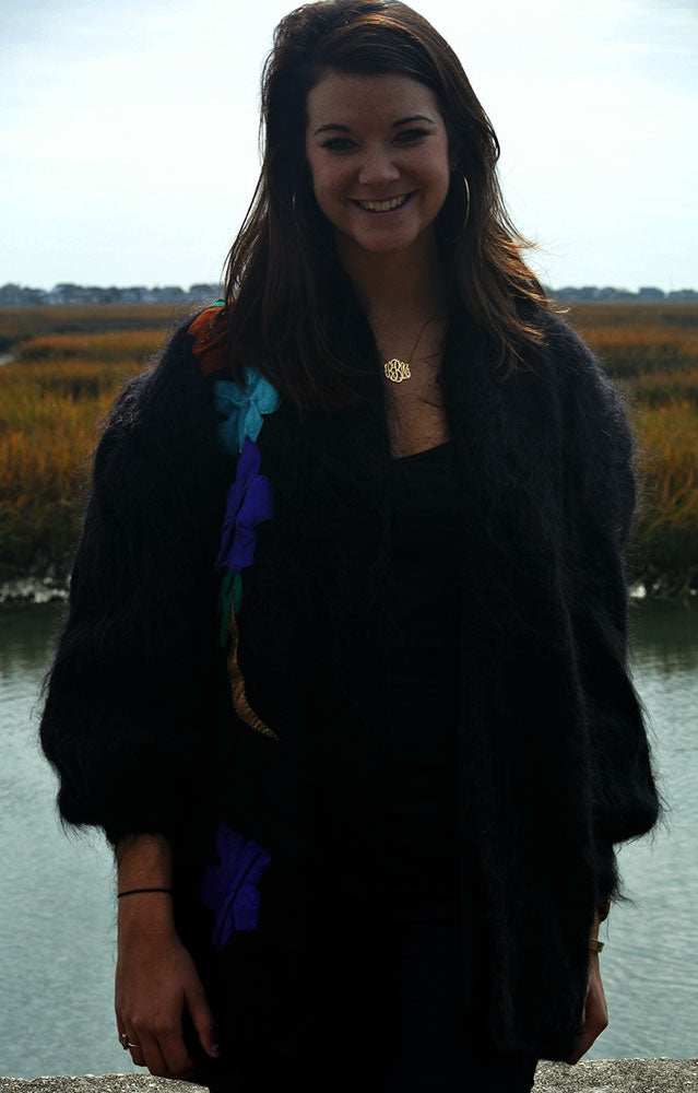 Woman's black angora cardigan sweater with colorful large peacock design on back, nylon lined, plus size 2X