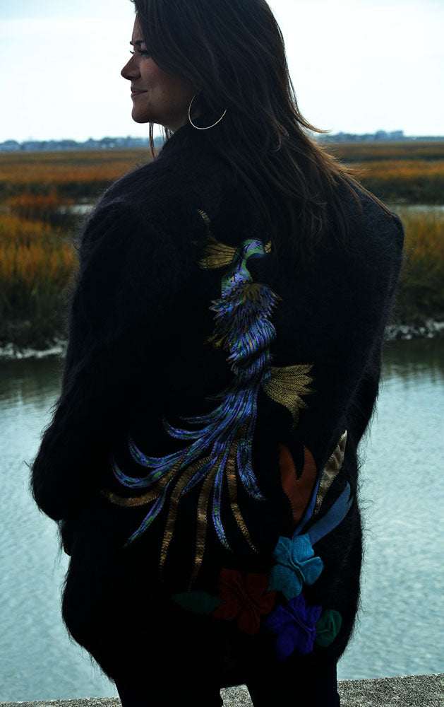 Woman's black angora cardigan sweater with colorful peacock design on back, plus size nylon lined