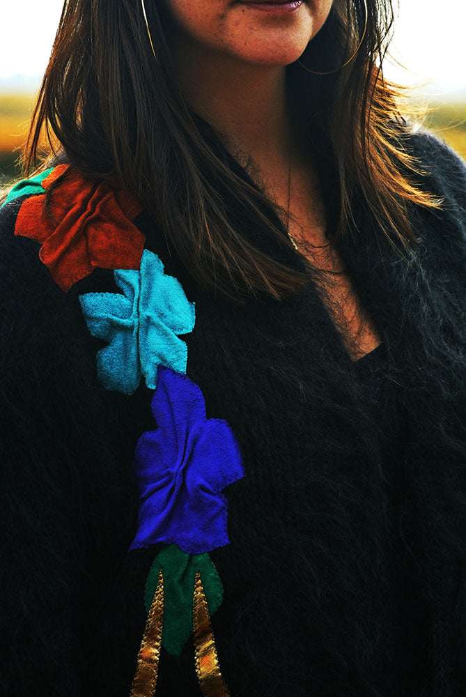 Woman's black angora cardigan sweater with colorful peacock design on back, plus size 2XL, nylon lined