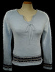 Powder blue fuzzy angora tie-neck sweater with blue-grey stripes for women by Xhilaration