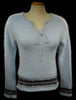 Powder blue fuzzy angora tie-neck sweater with blue-grey stripes for women by Xhilaration