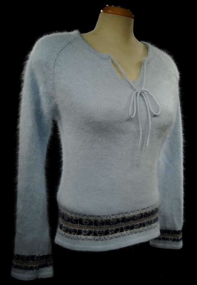 Woman's angora tie-neck sweater powder blue with blue-grey stripes by Xhilaration junior large women's small