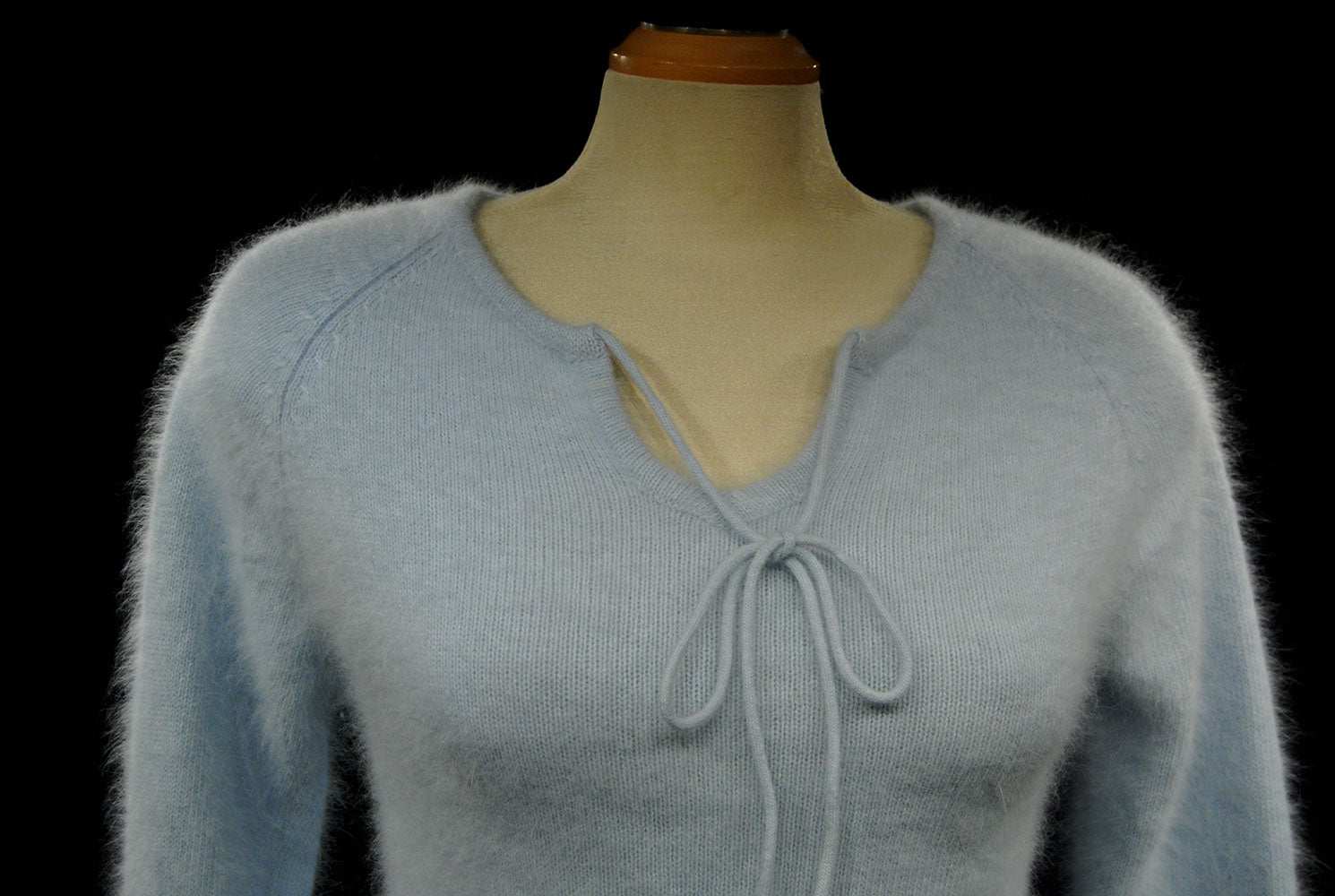 Powder blue women's angora tie-neck sweater with blue-grey horizontal stripes by Xhilaration