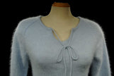 Powder blue women's angora tie-neck sweater with blue-grey horizontal stripes by Xhilaration