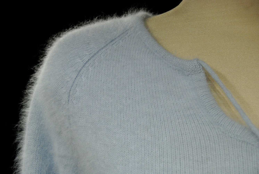 Powder blue angora tie-neck sweater with blue-grey stripes for women by Xhilaration