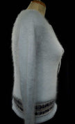 Woman's angora tie-neck sweater in powder blue with blue-grey stripes by Xhilaration
