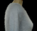 Powder blue woman's angora tie-neck sweater with blue-grey stripes and neck cord by Xhilaration