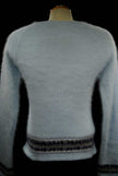 Powder blue woman's angora tie-neck sweater with blue-grey stripes by Xhilaration