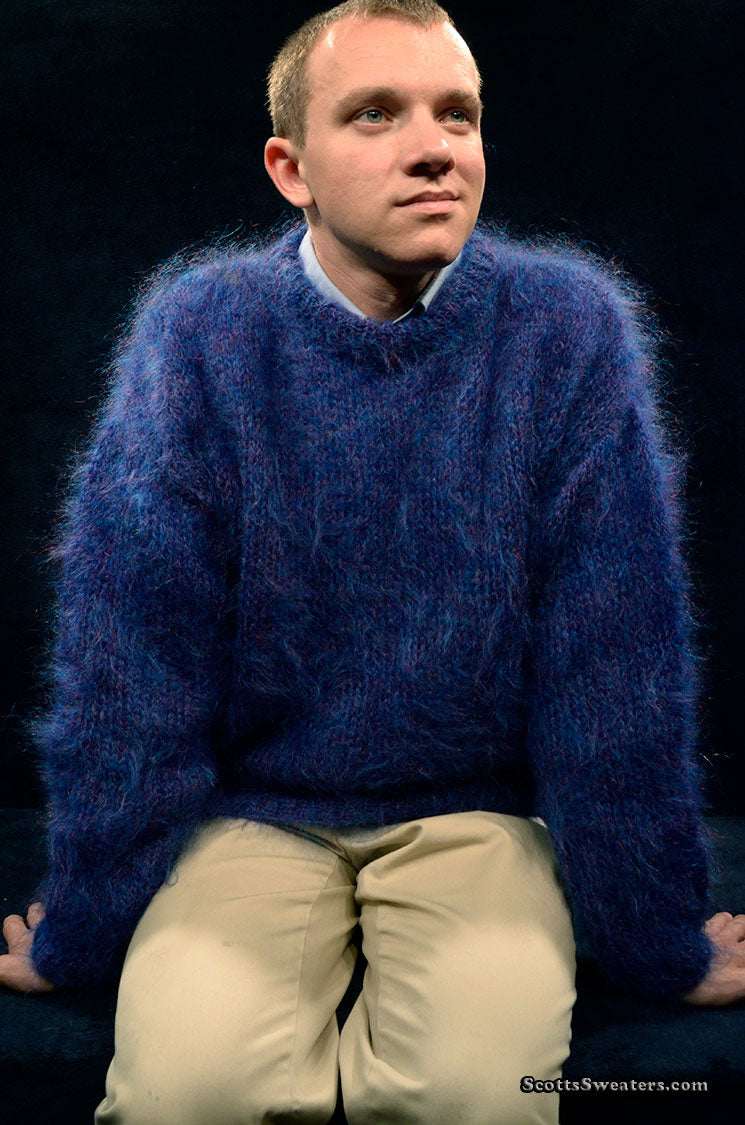 Men's navy-blue crewneck sweater made from fine Scottish mohair by Lairds of Scotland