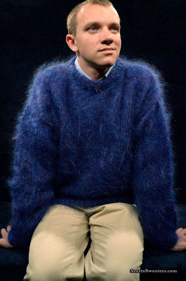 Men's navy-blue crewneck sweater made from fine Scottish mohair by Lairds of Scotland